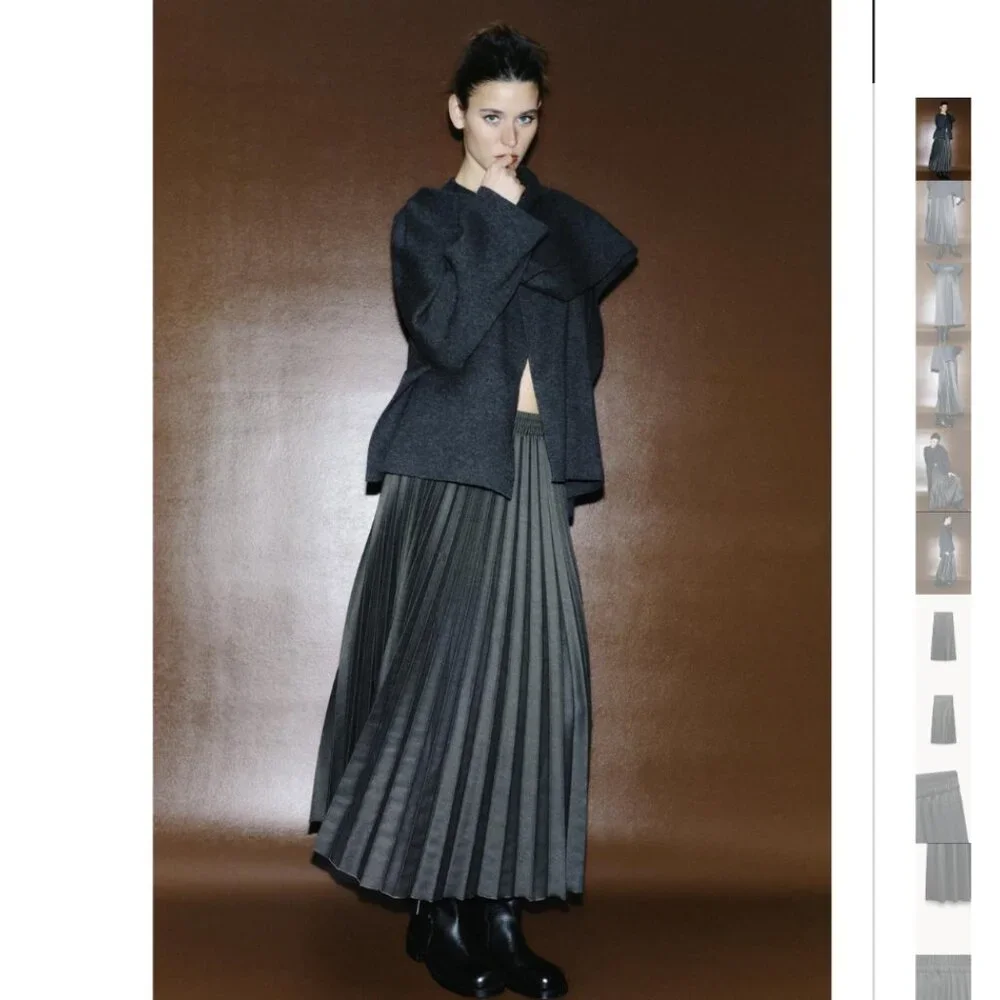 NWT ZARA PLEATED MIDI SKIRT ZW COLLECTION ANTHRACITE GRAY - Picture 2 of 10